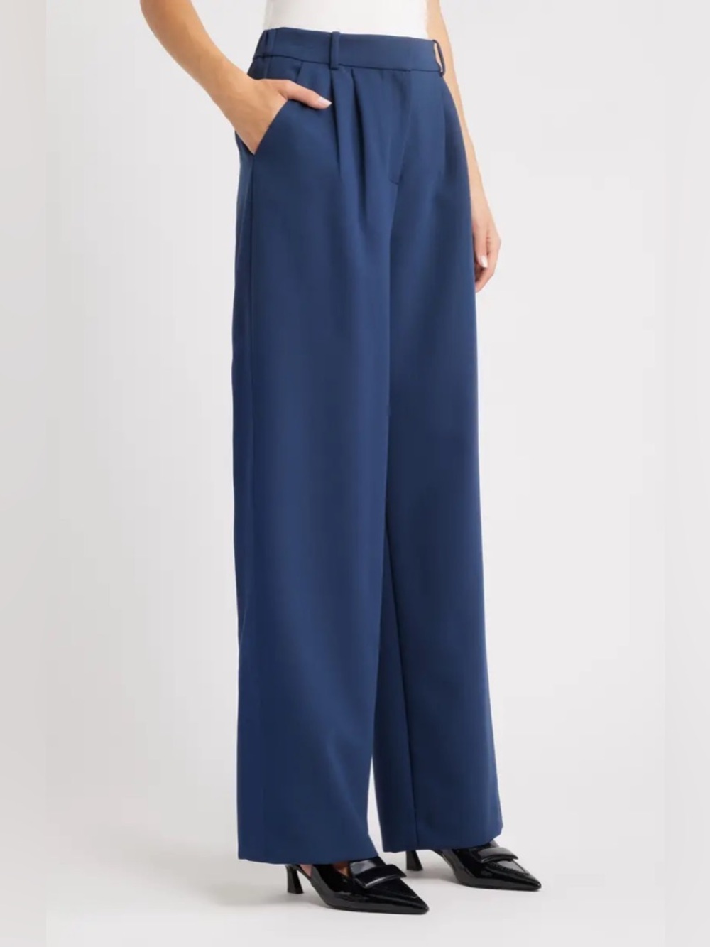 NWT Open Edit Women Navy Blue Wide Leg Pleated High Rise Trousers Pants Size 10